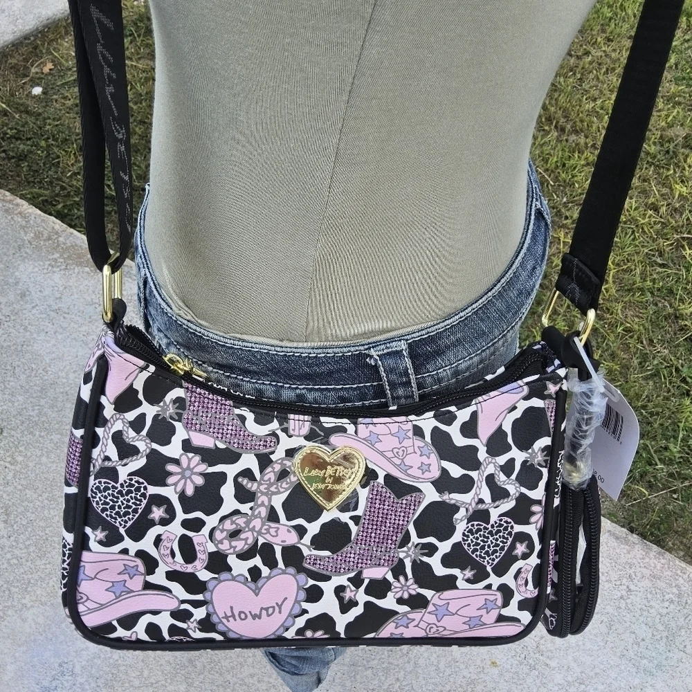 BETSEY JOHNSON LUV BETSEY BLACK/MULTI COLOR CROSSBODY w/WEB STRAP n POUCH